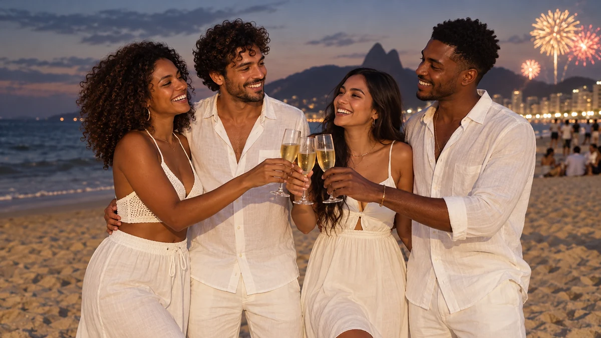 Friends wearing white for a beachside New Year toast