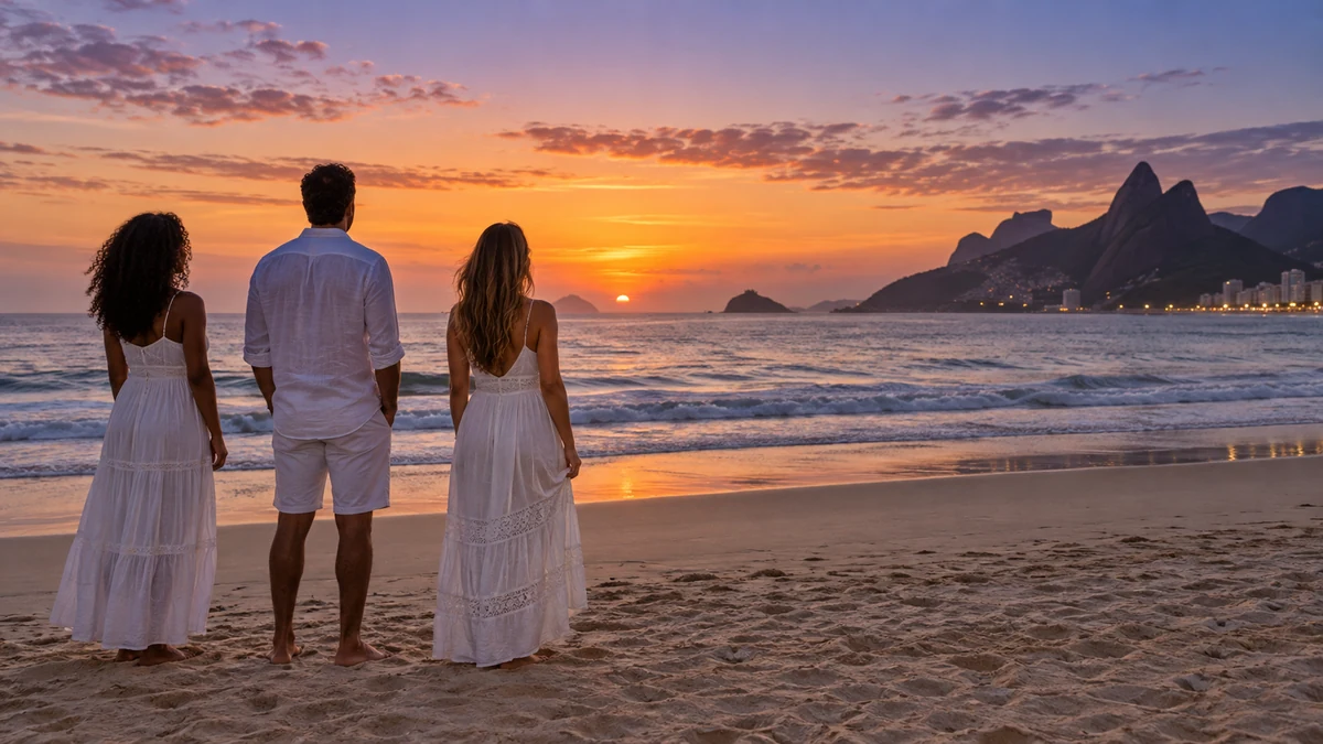 Friends wearing white on a Brazilian beach at dusk