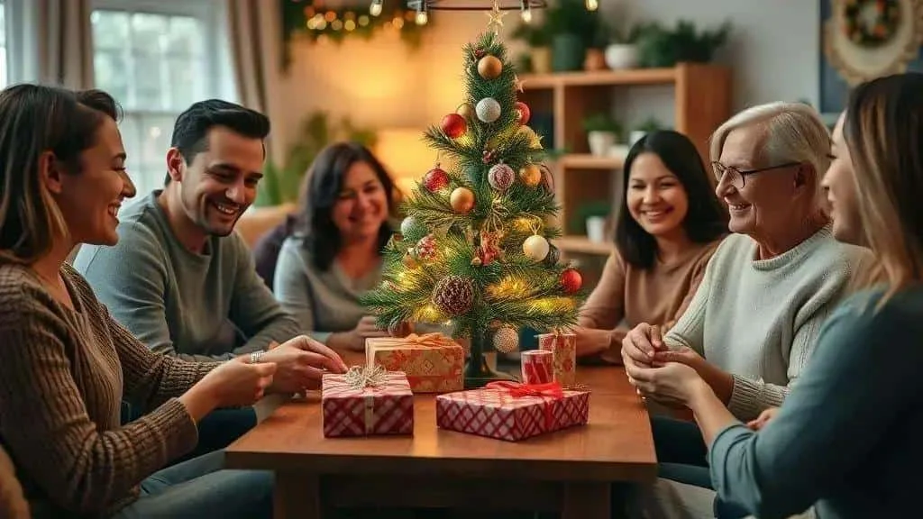 Friends with wrapped gifts beside a small Christmas tree