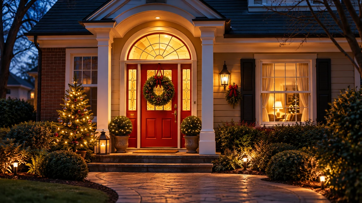 Front entrance decorated with Christmas lights and wreaths