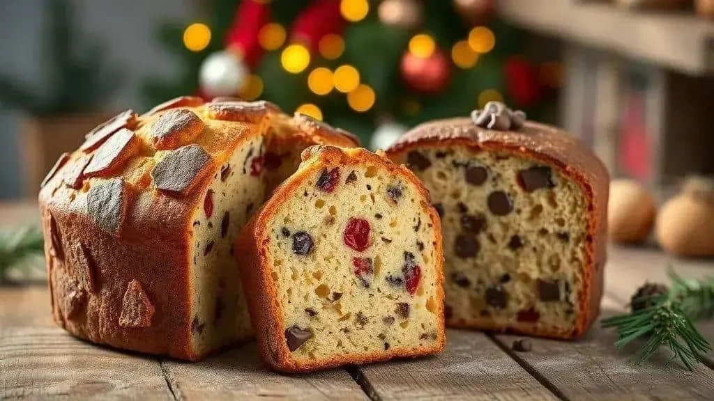 Fruit and chocolate panettone served on a Christmas table