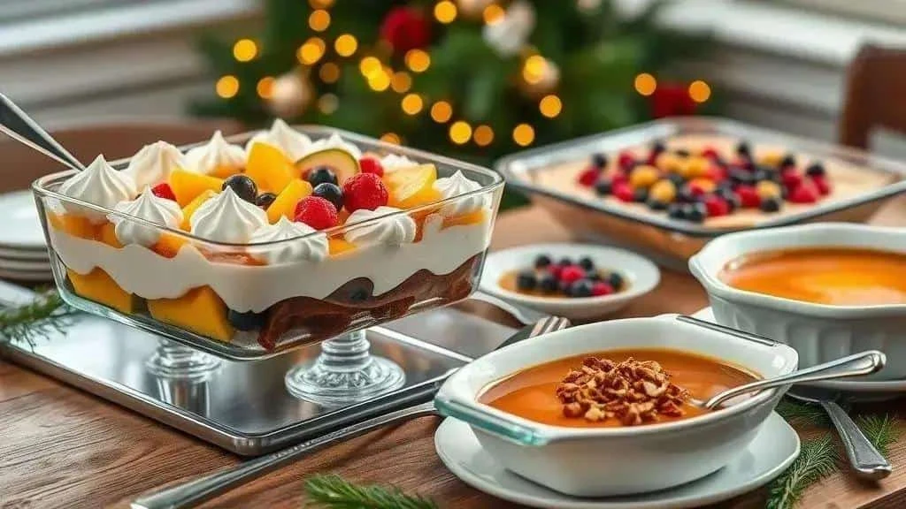 Fruit and cream sharing desserts on a festive kitchen table Fruit and cream sharing desserts on a festive kitchen table