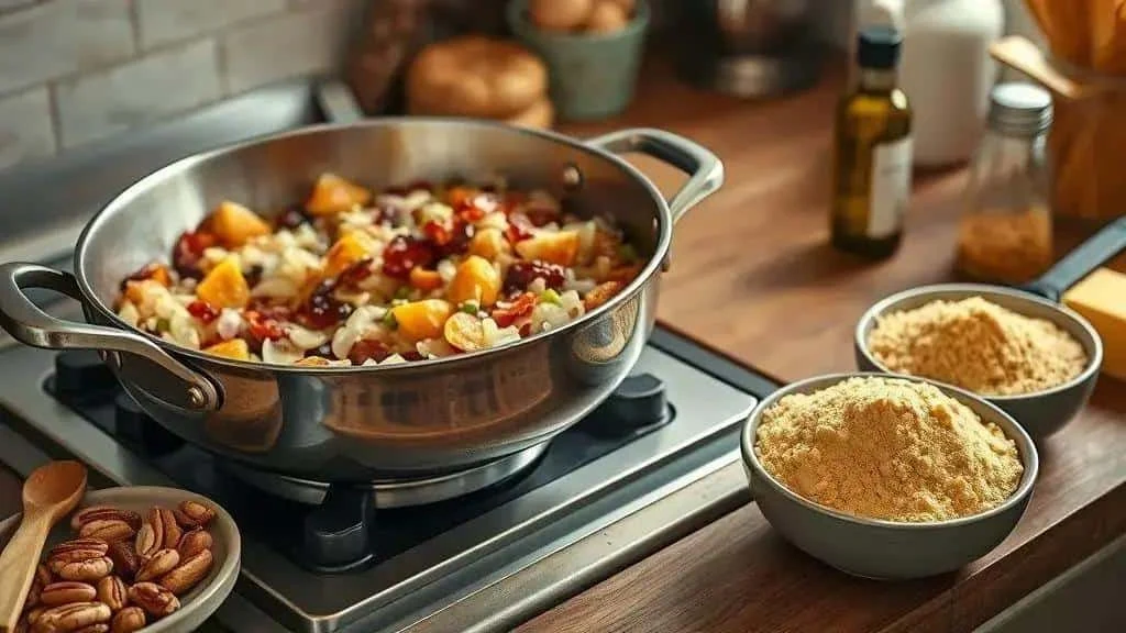 Fruit and nut mixture in a pan beside bowls of cassava flour