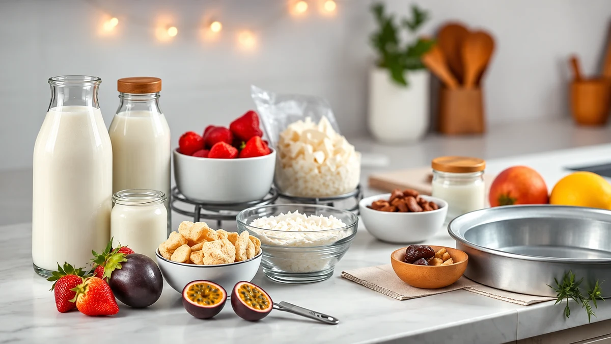 Fruit and plant-based ingredients beside a dessert tin