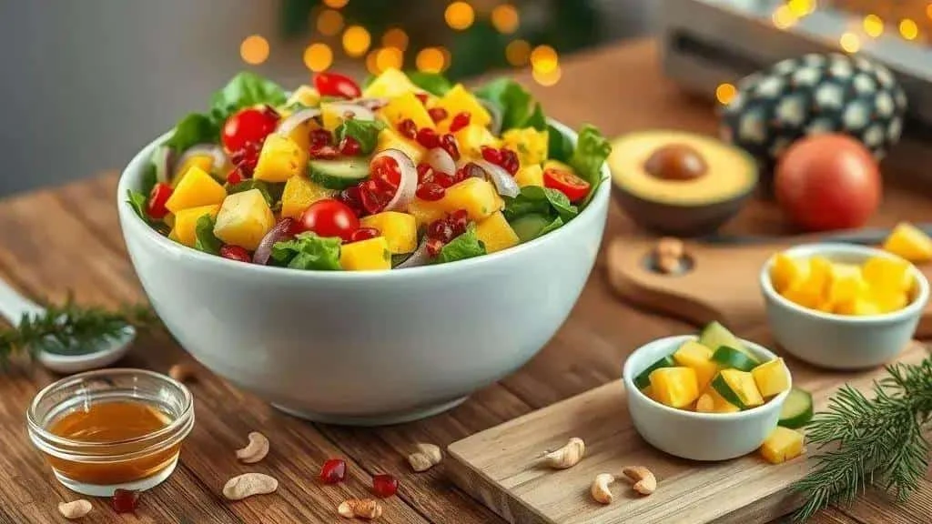 Fruit and vegetables being arranged for a tropical salad