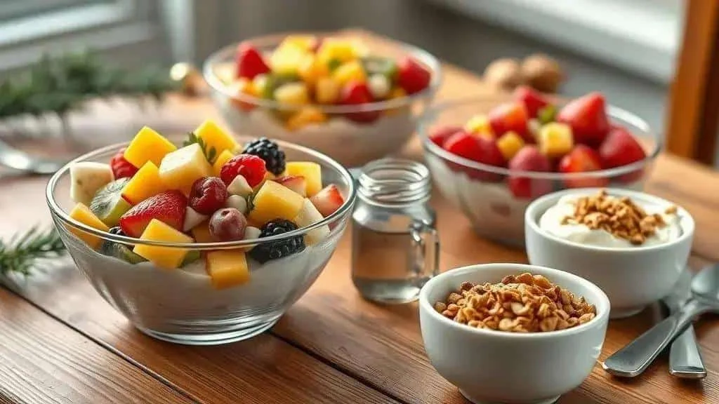 Fruit and yoghurt bowls with nuts on the side Fruit and yoghurt bowls with nuts on the side