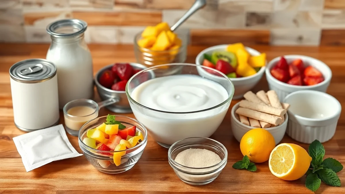 Fruit, biscuits and cream ingredients for Brazilian pave
