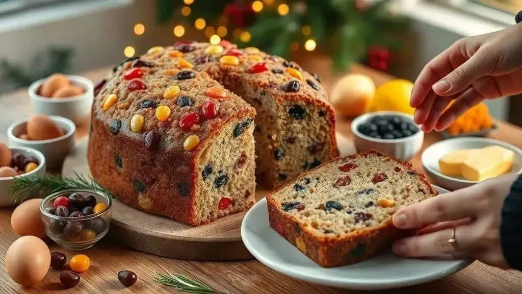 Fruit cake and a cut slice