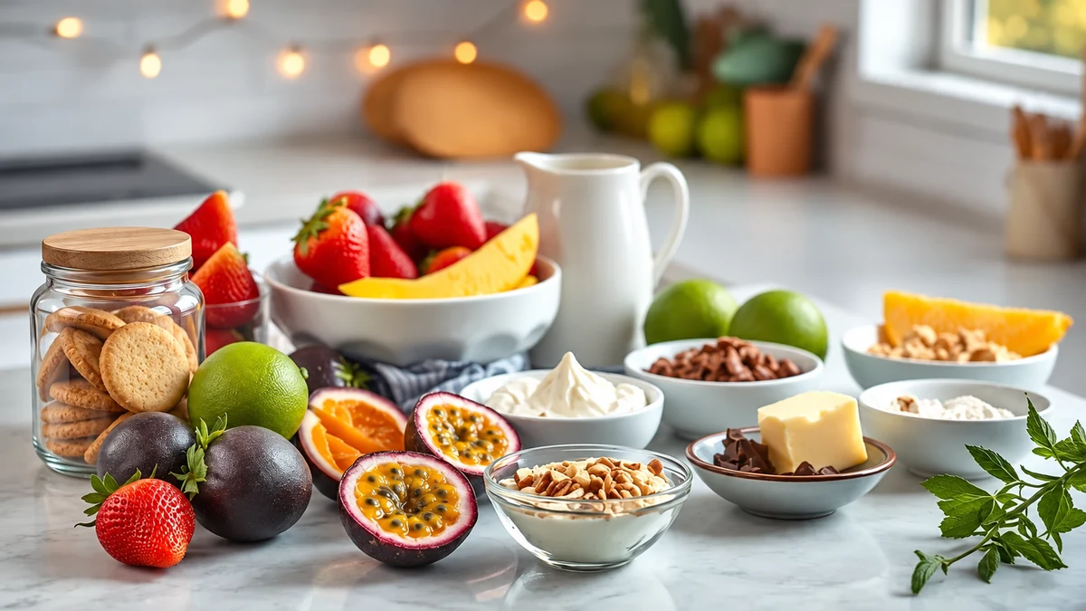 Fruit, cream and biscuit ingredients for chilled desserts