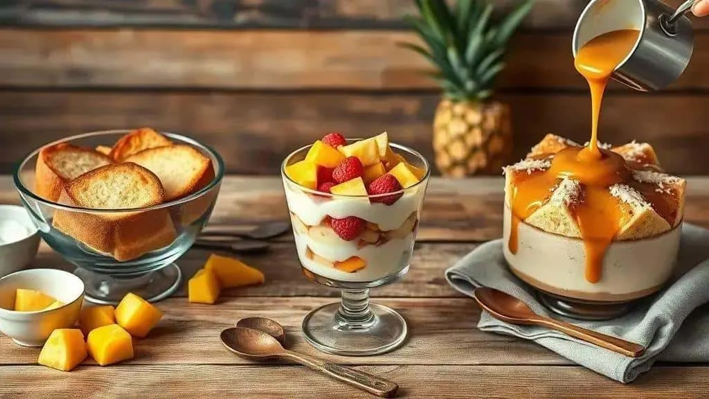 Fruit desserts and caramel-topped panettone