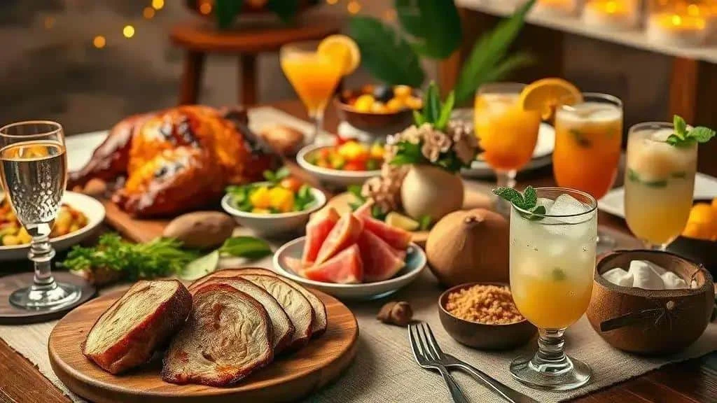 Fruit drinks served beside a Brazilian festive meal
