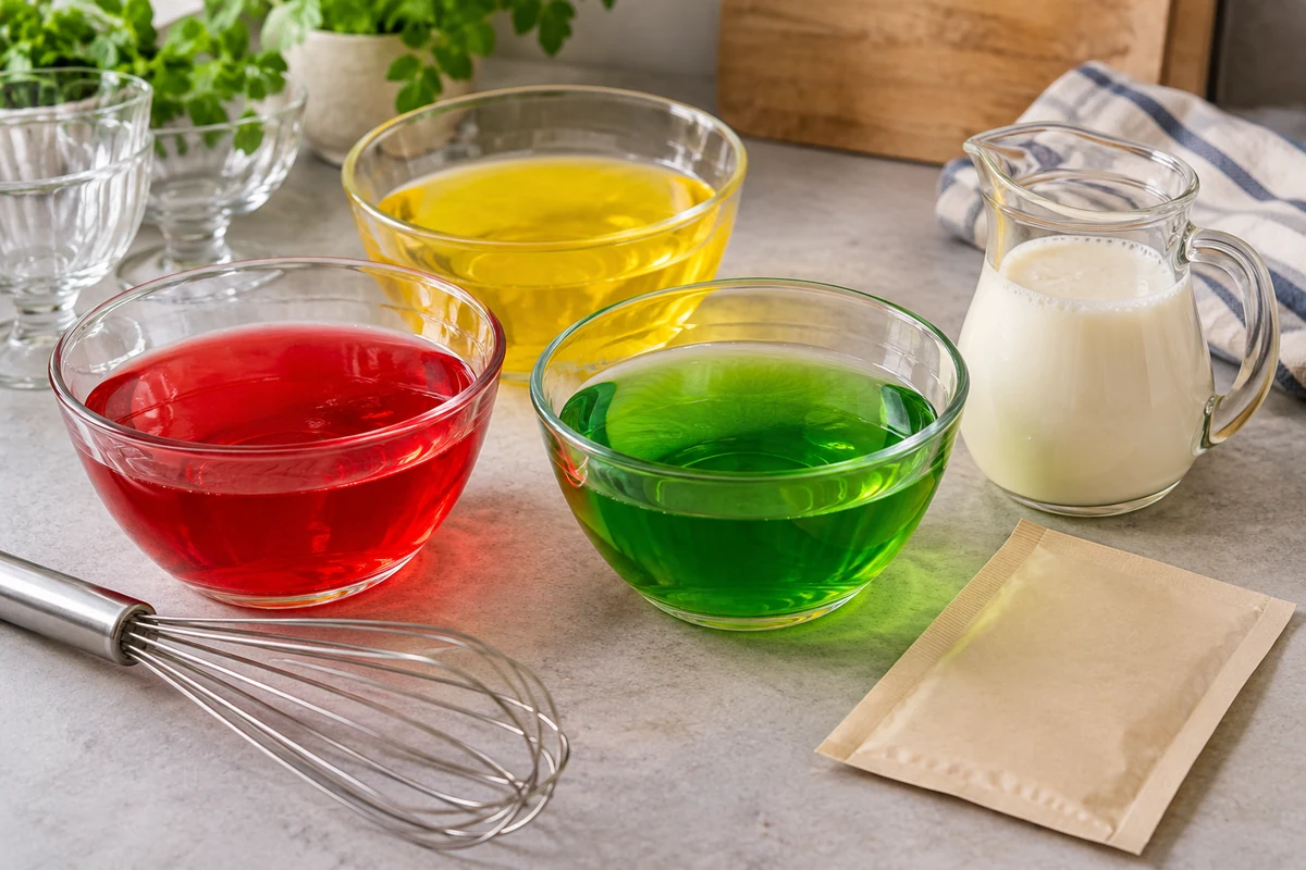 Fruit jelly and milk layer ingredients in plain bowls Fruit jelly and milk layer ingredients in plain bowls