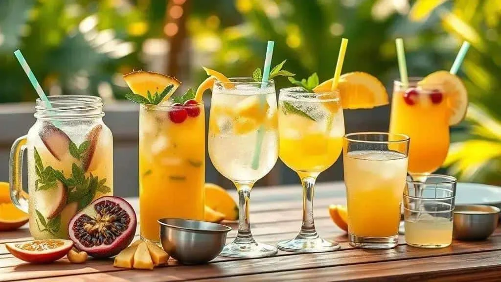 Fruit mocktails with pineapple, passion fruit and mint