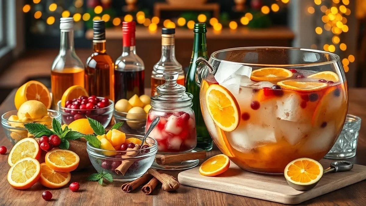Fruit punch ingredients with bottles, citrus and mint