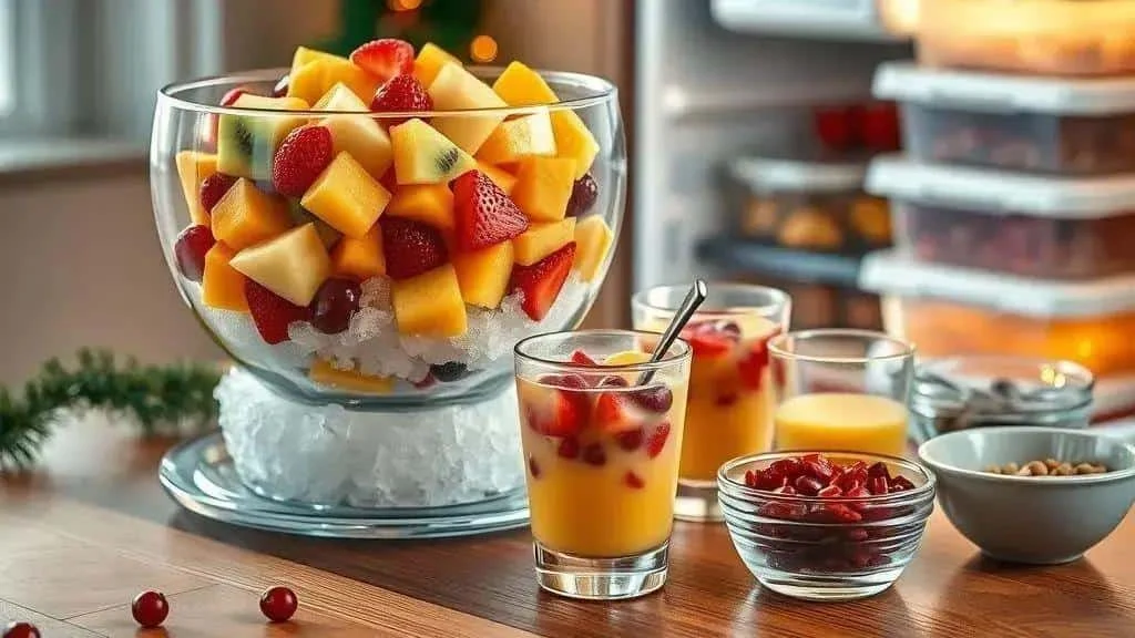 Fruit salad bowl over ice with individual fruit cups Fruit salad bowl over ice with individual fruit cups