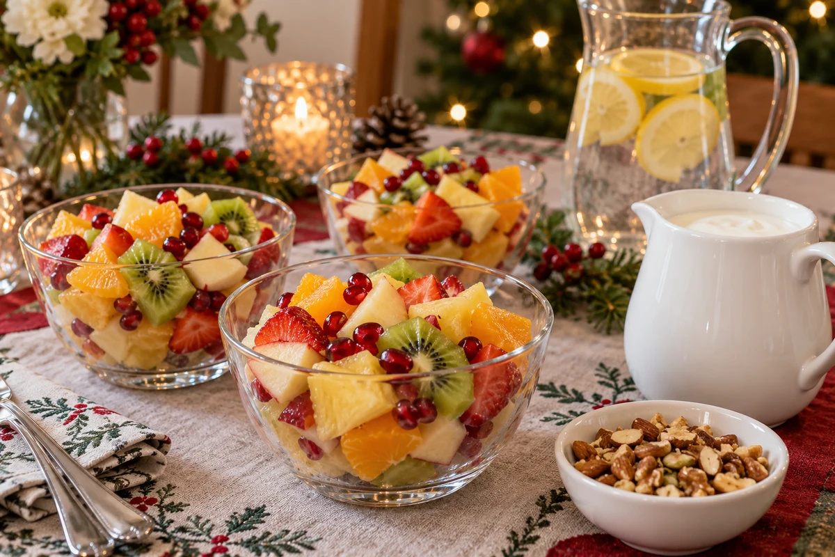 Fruit salad portions served with yoghurt nuts and lemon water Fruit salad portions served with yoghurt nuts and lemon water