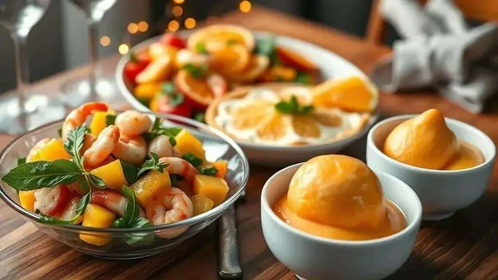 Fruit salad, prawns and frozen dessert scoops