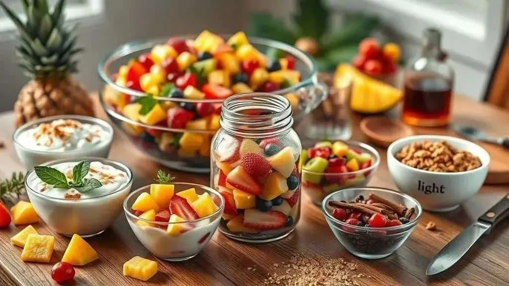 Fruit salad servings with yoghurt and chopped nuts Fruit salad servings with yoghurt and chopped nuts