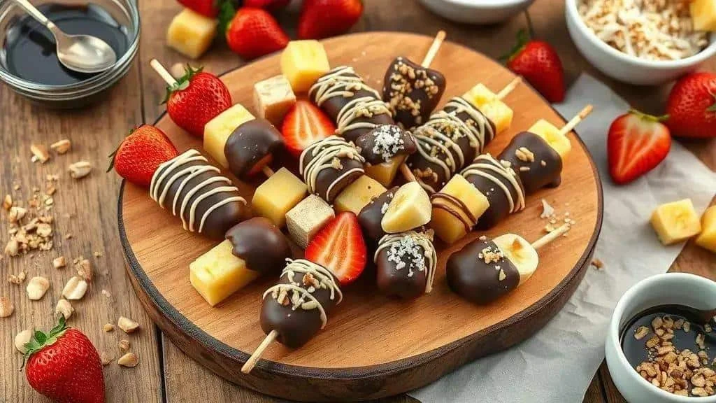 Fruit skewers with a chocolate drizzle