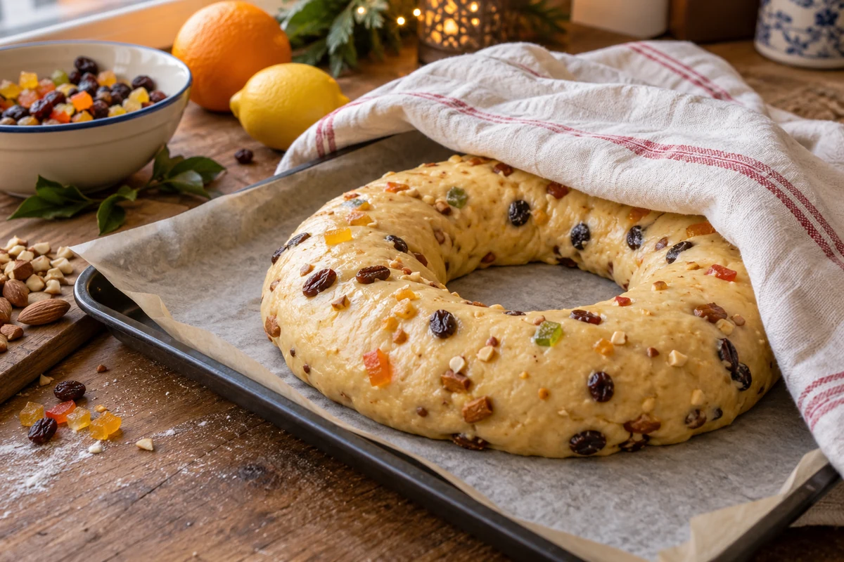 Fruit-studded bolo rei dough proving on a baking tray