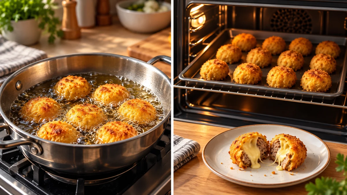 Frying and oven-baking sausage and cheese bites