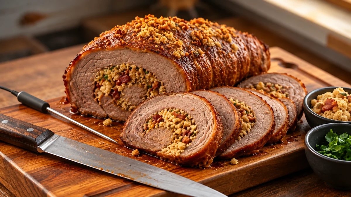 Fully cooked farofa-stuffed beef with a thermometer Fully cooked farofa-stuffed beef with a thermometer