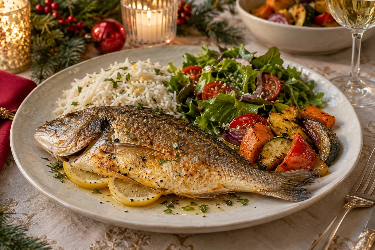 Fully cooked golden sea bream served with rice, salad and roasted vegetables at Christmas