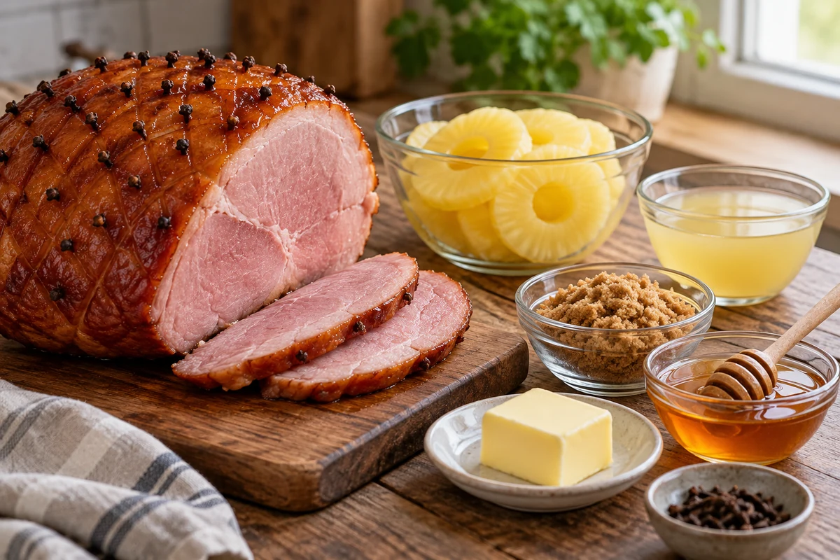 Fully cooked ham with a glossy fruit glaze