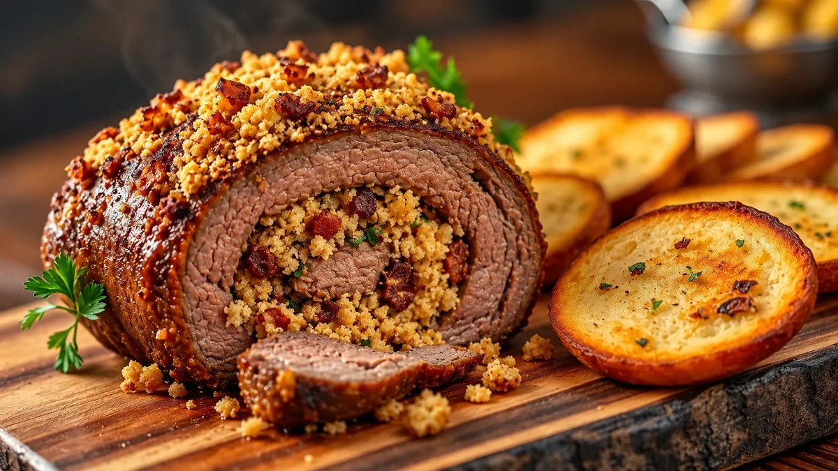 Fully cooked tri-tip roast filled with farofa