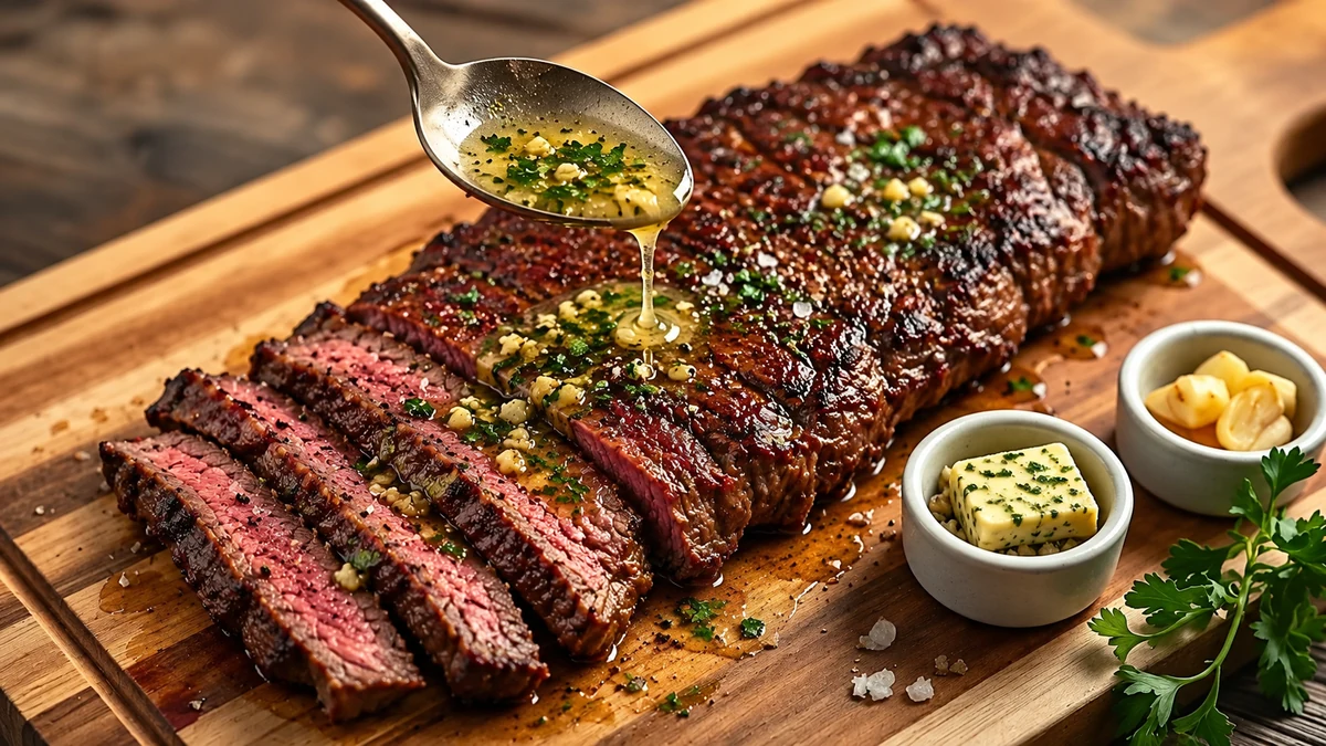 Garlic herb butter spooned over sliced bavette