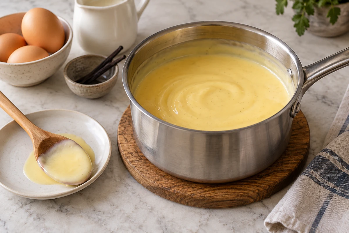Gemada custard in a saucepan with a resting spoon