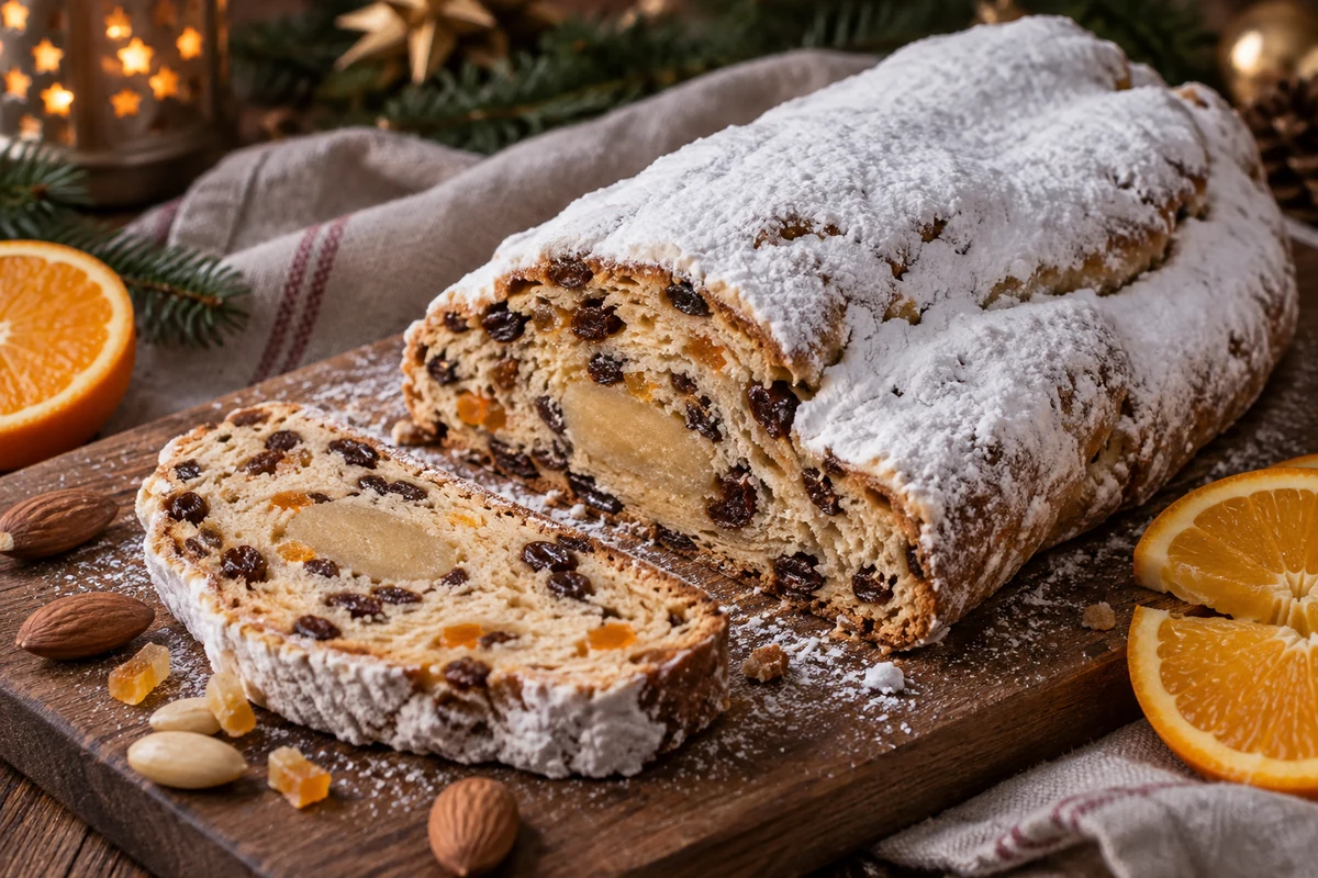 German Stollen with dried fruit marzipan and icing sugar