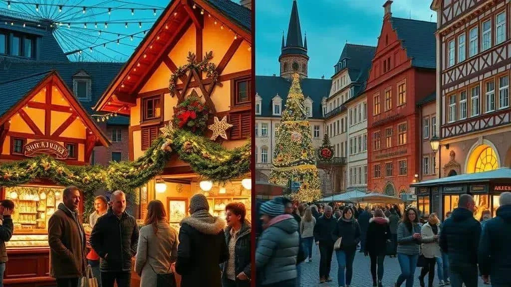 German-style Christmas market with decorated wooden stalls