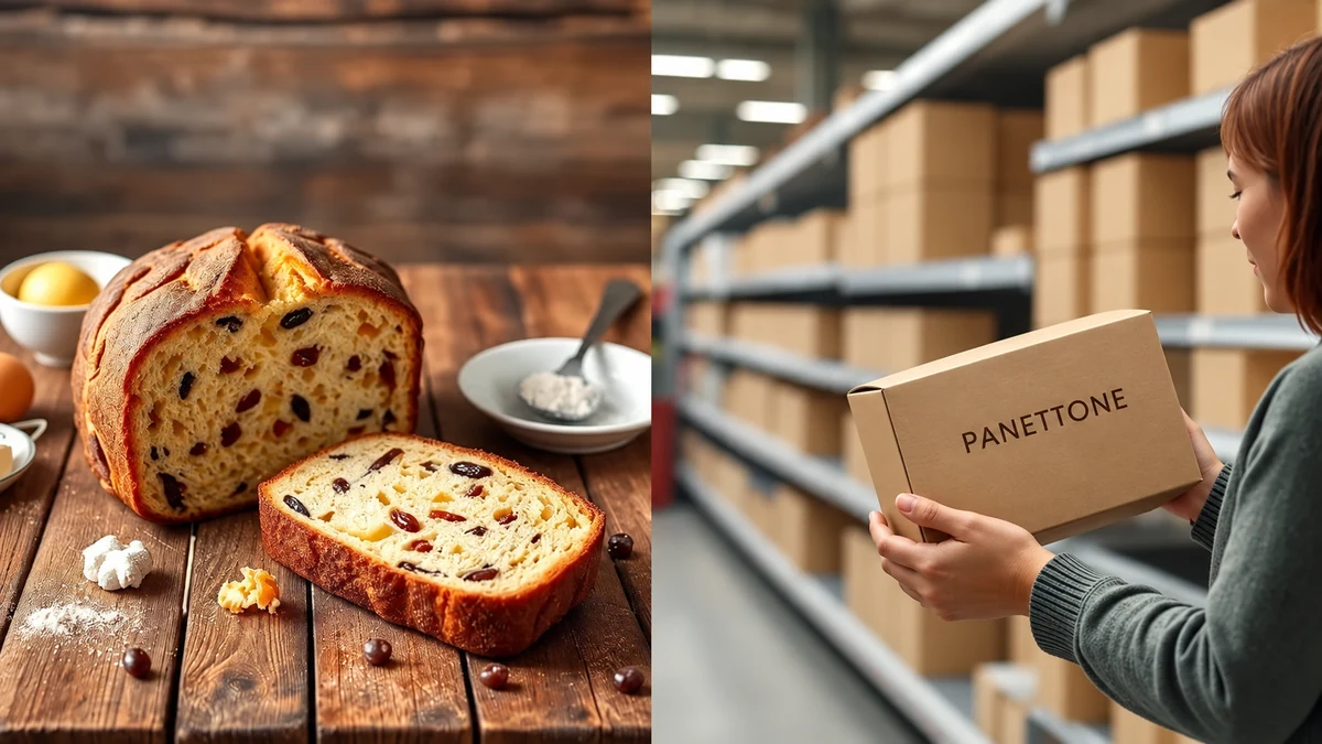 Gift box labelled Panettone beside the festive loaf