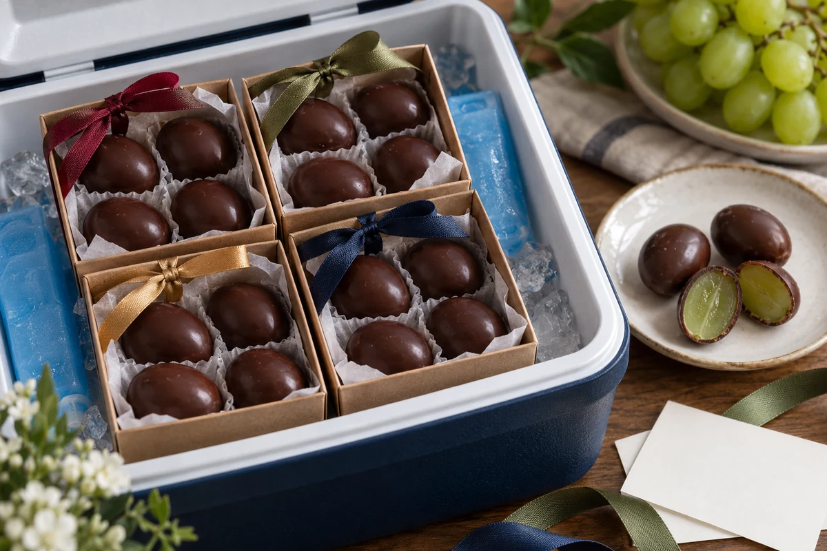 Gift boxes of chocolate-covered grapes packed with cooling ice packs Gift boxes of chocolate-covered grapes packed with cooling ice packs