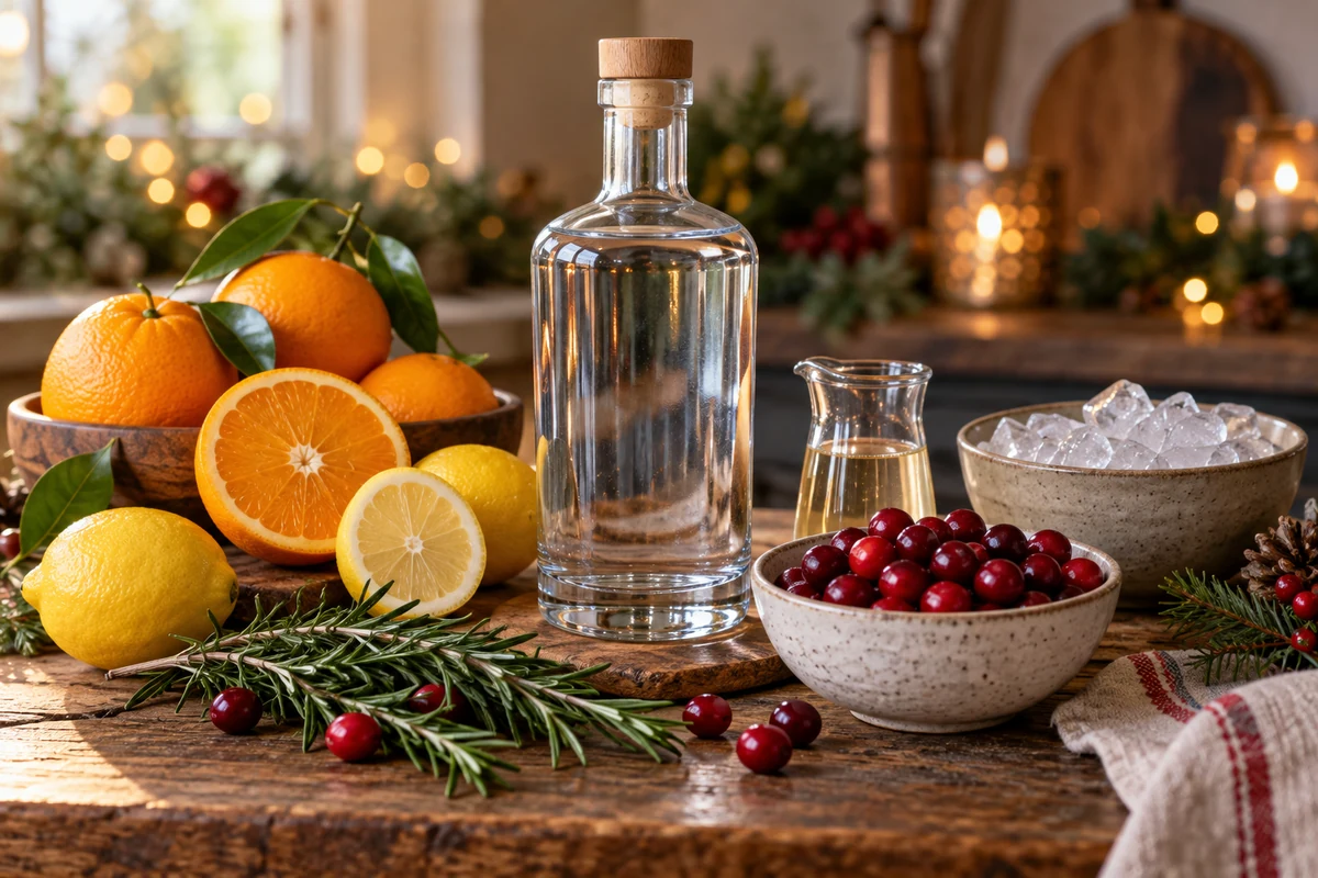 Gin and citrus cocktail ingredients with a separate bowl of ice