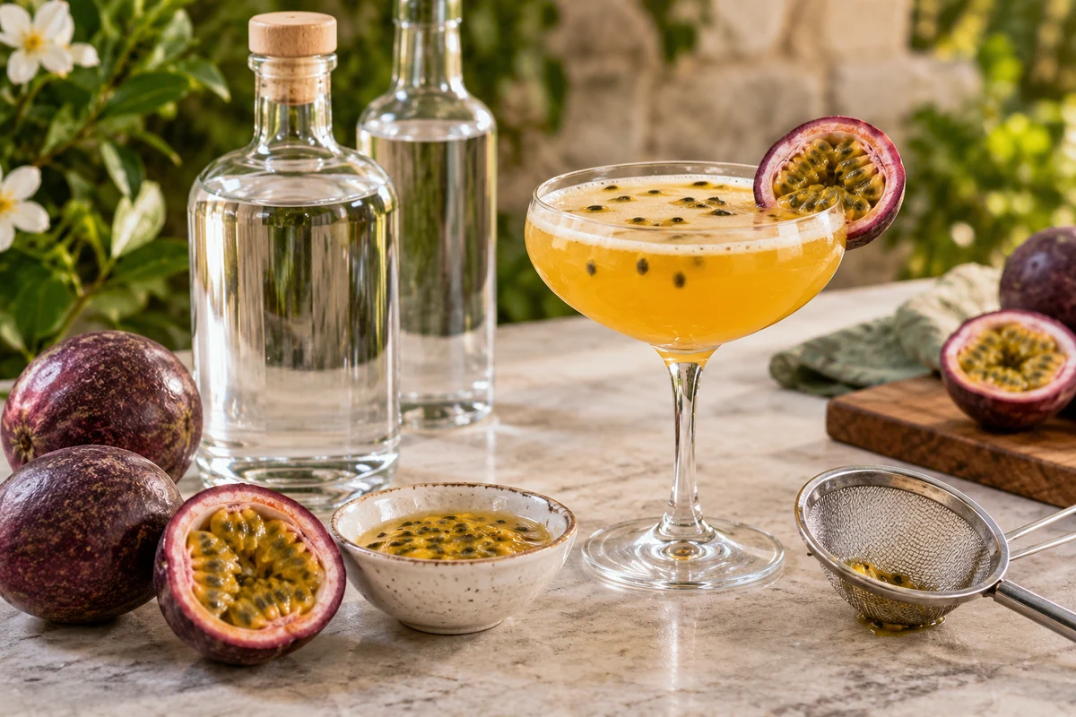Gin and passion fruit ingredients arranged for choosing cocktail flavours Gin and passion fruit ingredients arranged for choosing cocktail flavours