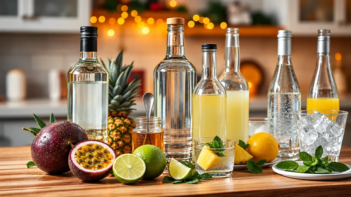 Gin and tropical fruit cocktail ingredients