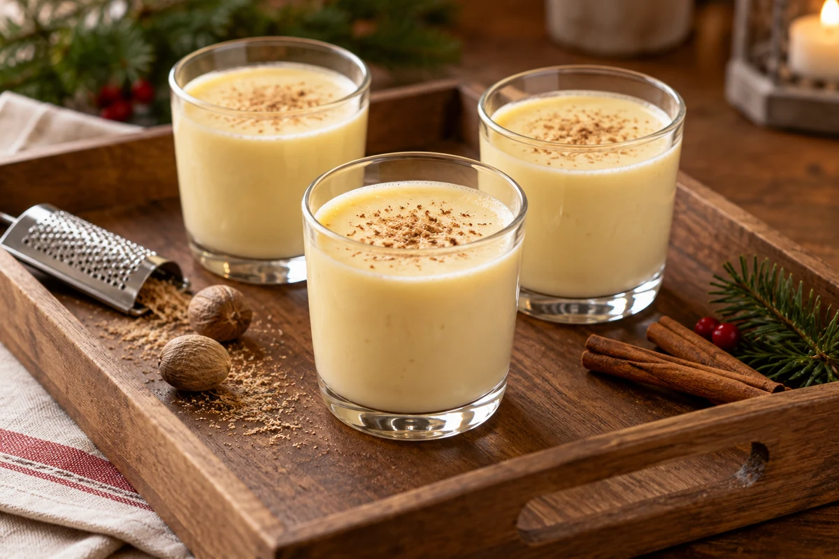 Glasses of creamy Brazilian eggnog with nutmeg Glasses of creamy Brazilian eggnog with nutmeg