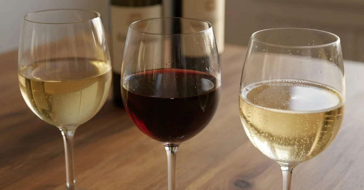 Glasses of white red and sparkling wine