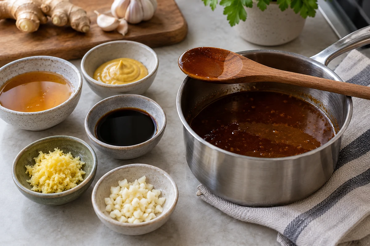 Glaze in a saucepan with honey mustard and ginger