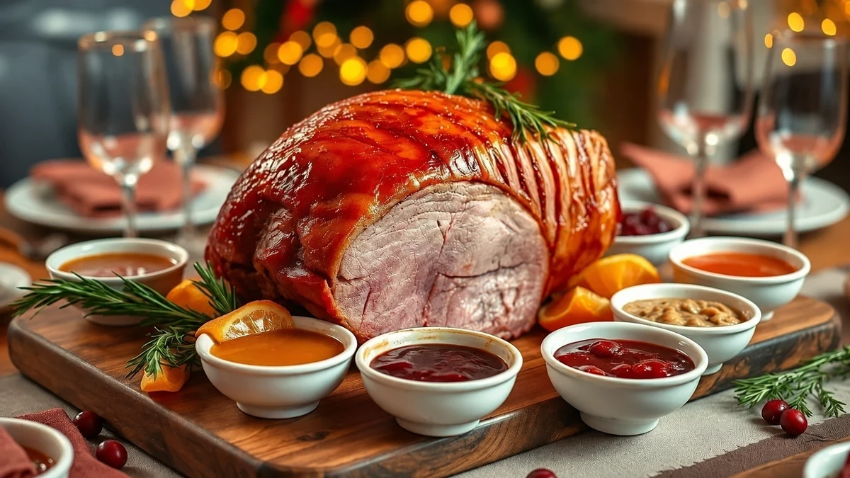 Glazed Christmas ham with bowls of fruit and mustard sauces