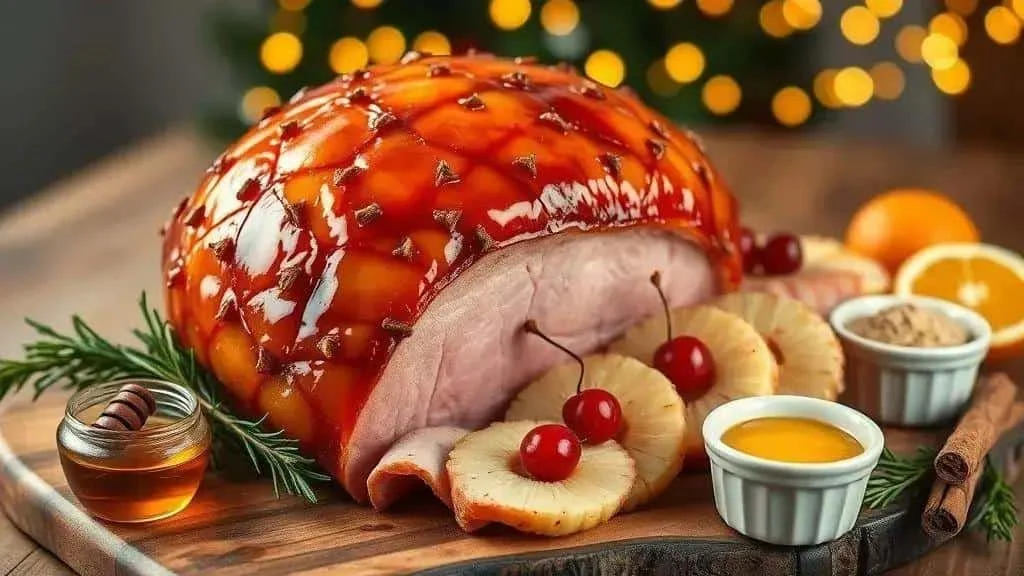 Glazed Christmas ham with festive accompaniments
