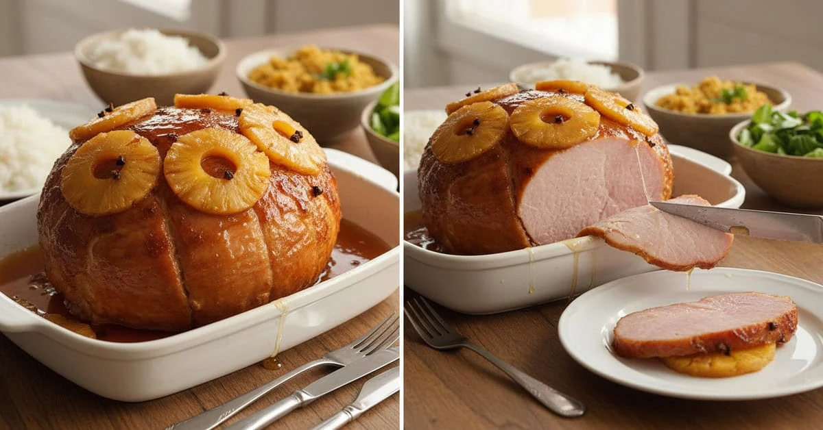 Glazed Christmas ham with pineapple and carved slices