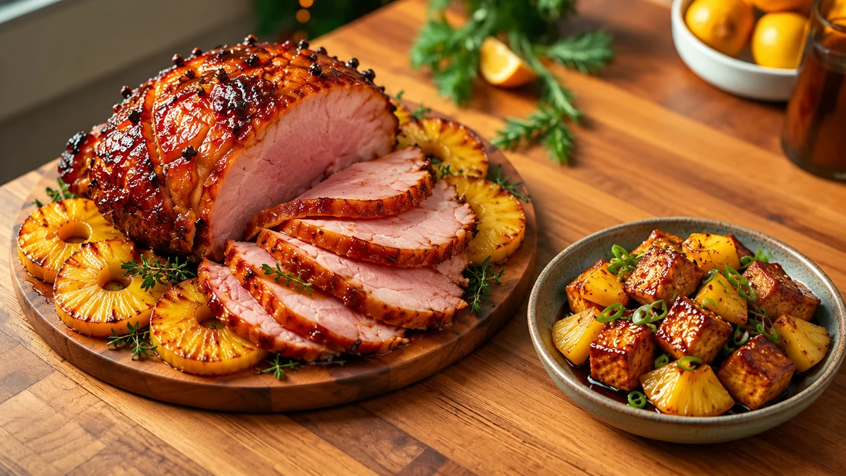Glazed ham and a separate tofu and pineapple variation Glazed ham and a separate tofu and pineapple variation