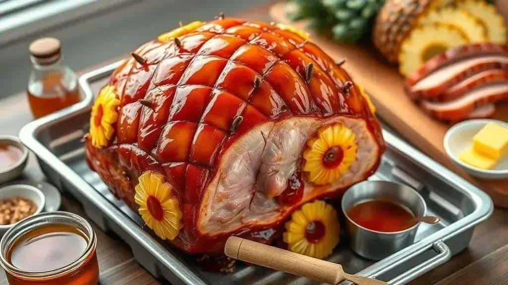 Glazed ham joint with pineapple rings in a roasting tray
