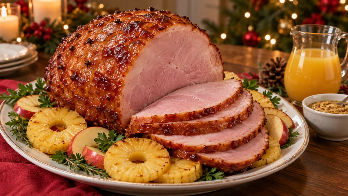 Glazed ham with pineapple apple and mustard