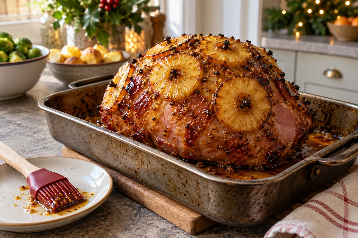 Glazed ham with pineapple in a roasting tin