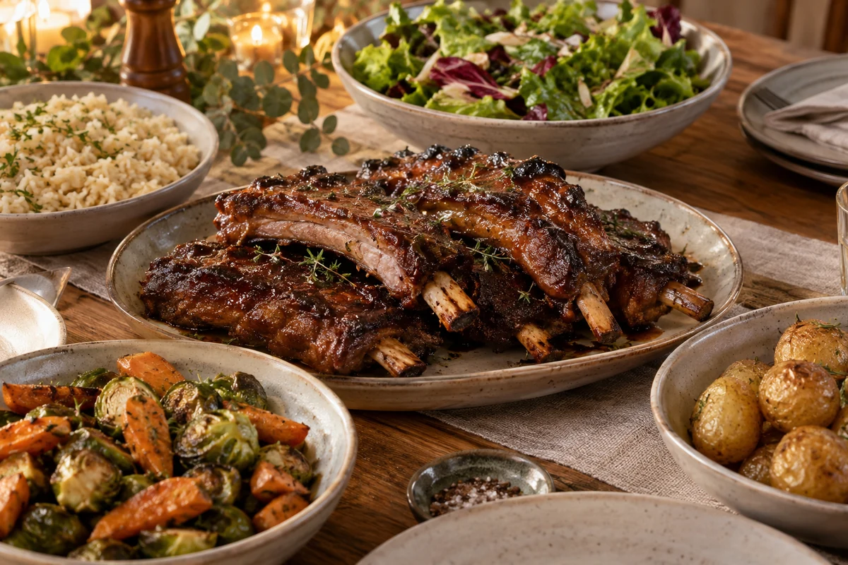 Glazed pork ribs served with rice salad and vegetables