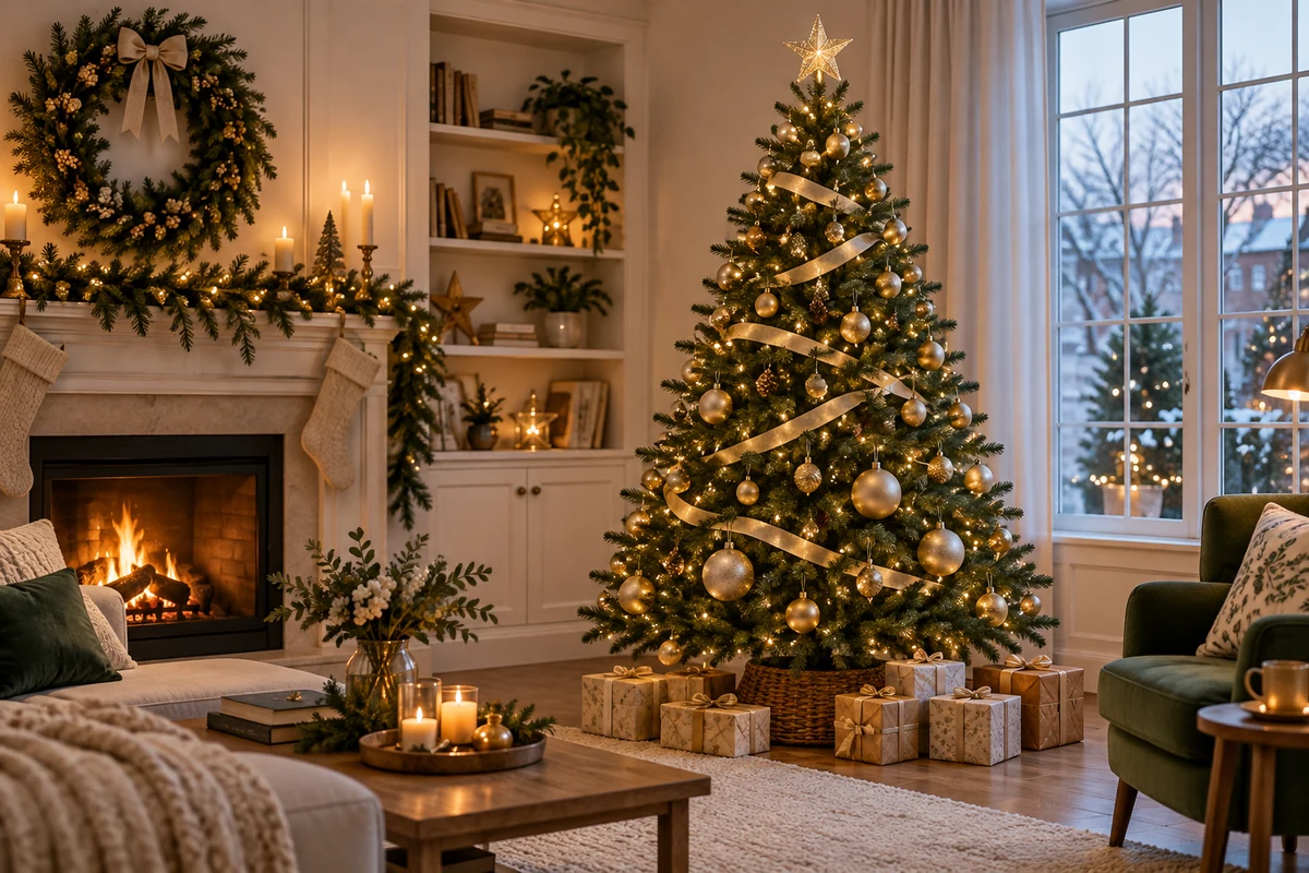 Gold and white Christmas tree in a modern sitting room